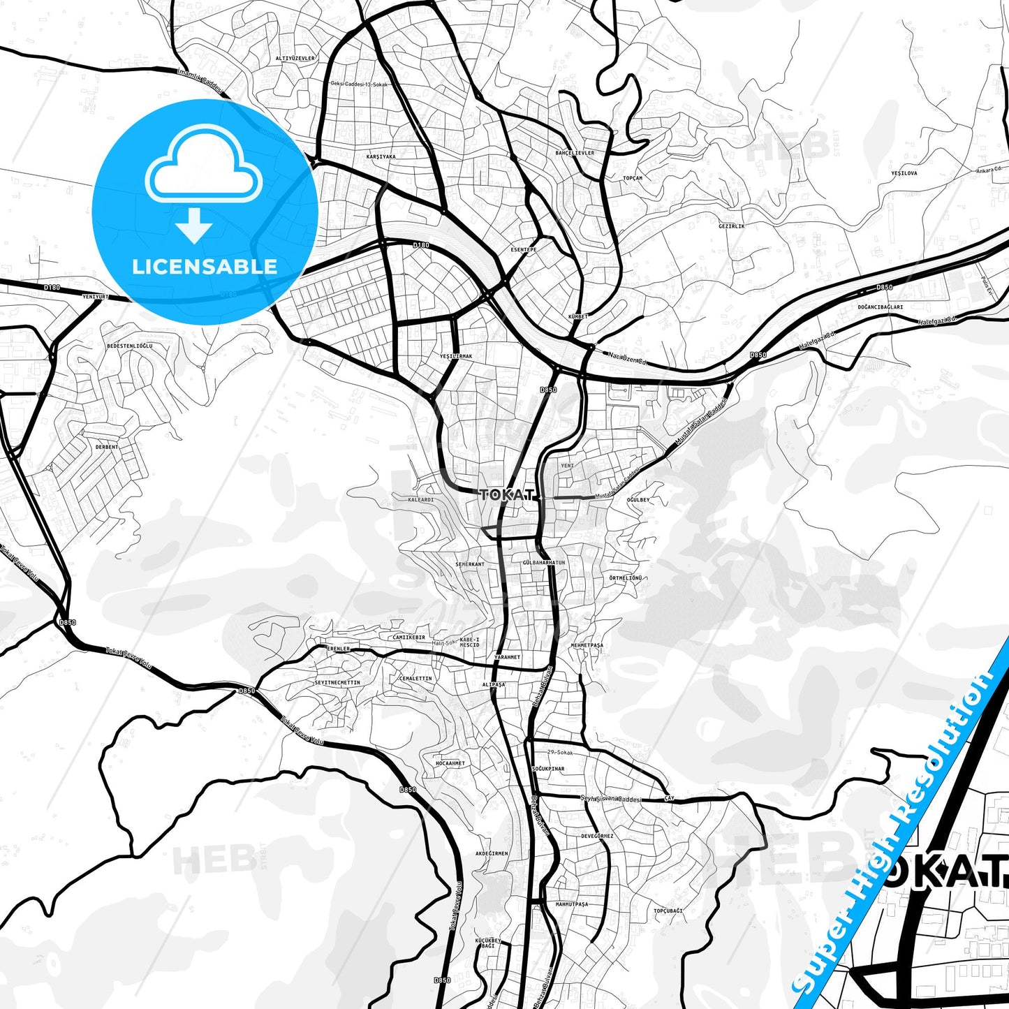 Tokat, Turkey Light Map with Street Names, City Names, and Districts