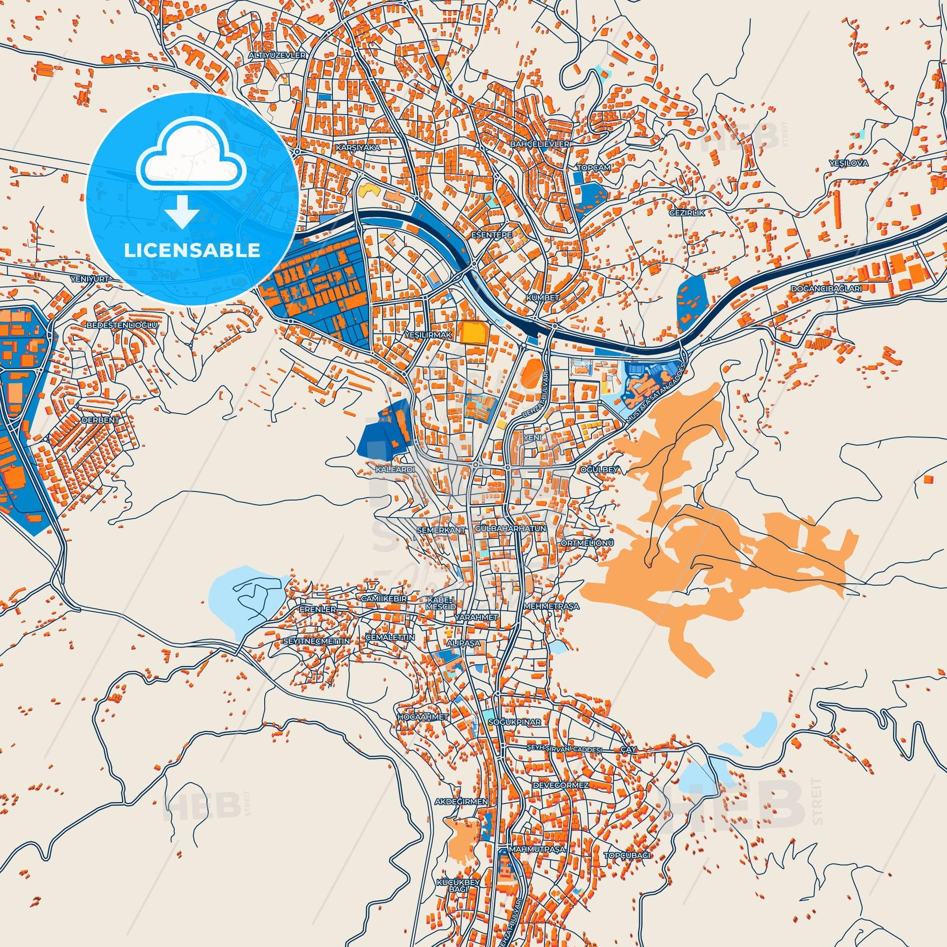 Colorful Tokat Street Map with Labels and Buildings