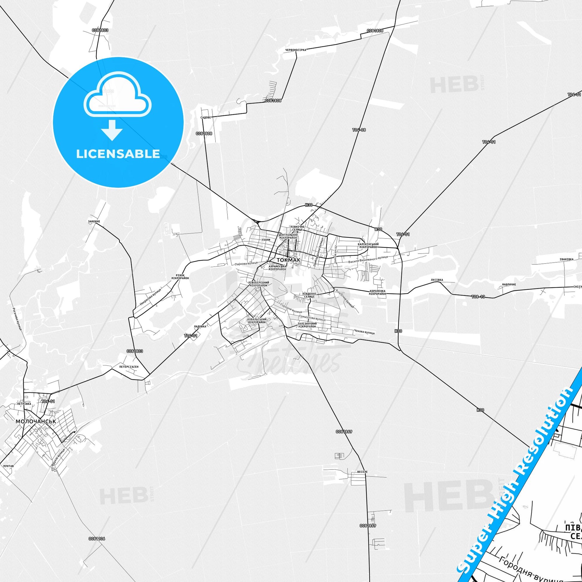 Tokmak, Ukraine light map with streetnames, citynames and districts