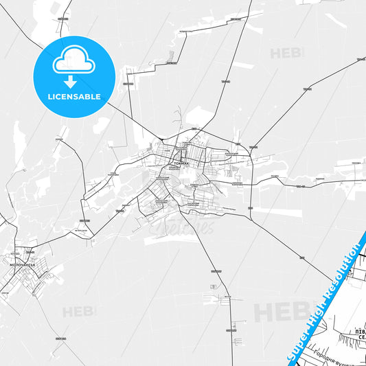 Tokmak, Ukraine light map with streetnames, citynames and districts
