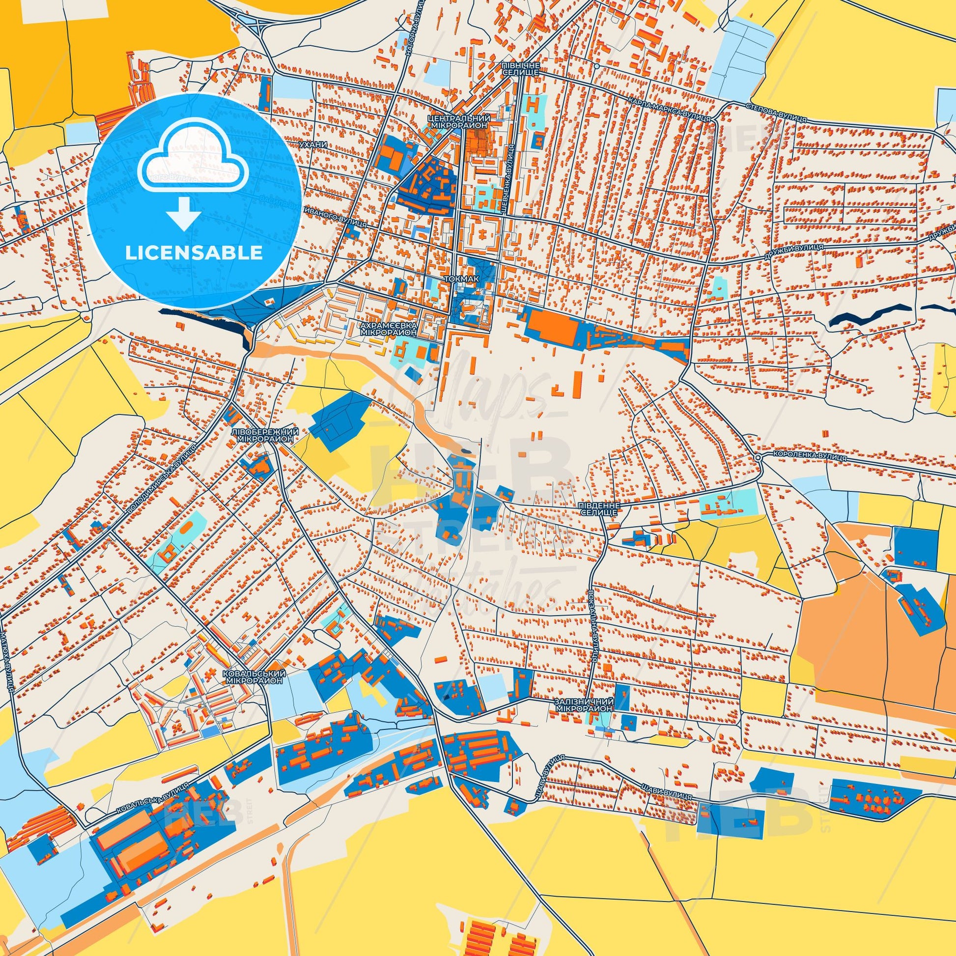 Colorful Tokmak Street Map with Labels and Buildings