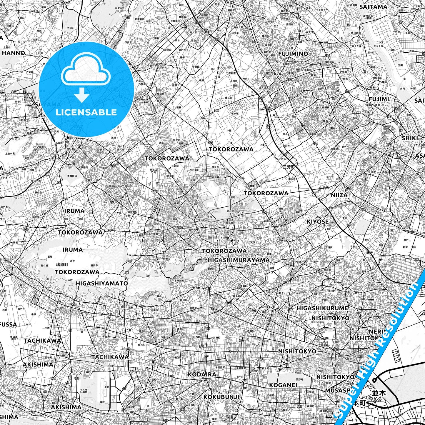 Tokorozawa, Japan light map with streetnames, citynames and districts