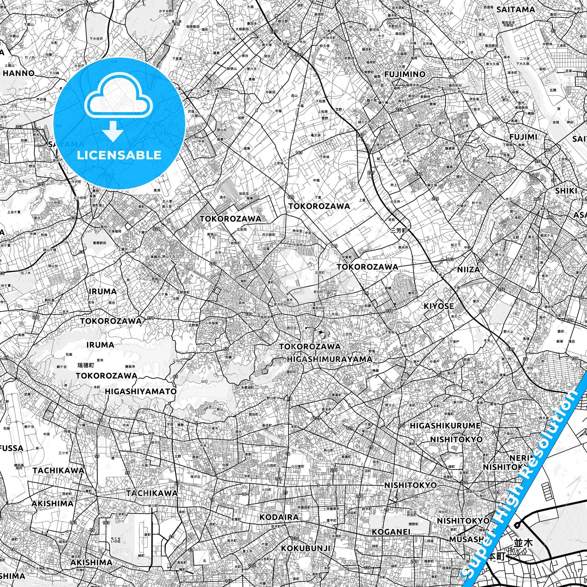 Tokorozawa, Japan light map with streetnames, citynames and districts