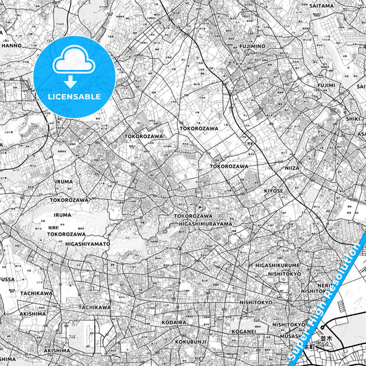 Tokorozawa, Japan light map with streetnames, citynames and districts