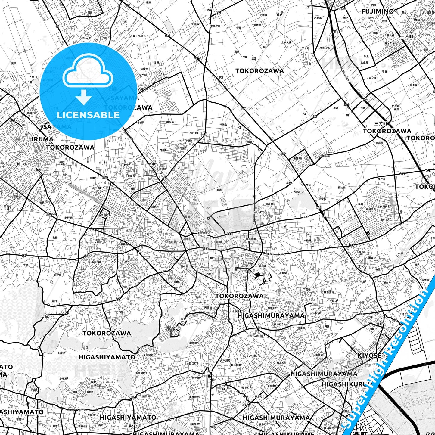 Tokorozawa, Japan Light Map with Street Names, City Names, and Districts