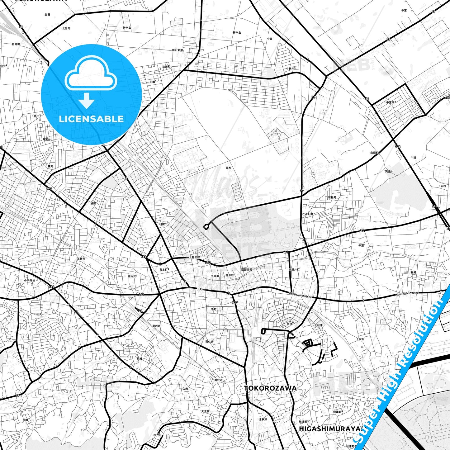 Tokorozawa, Japan Light Map with Street Names, City Names, and Districts