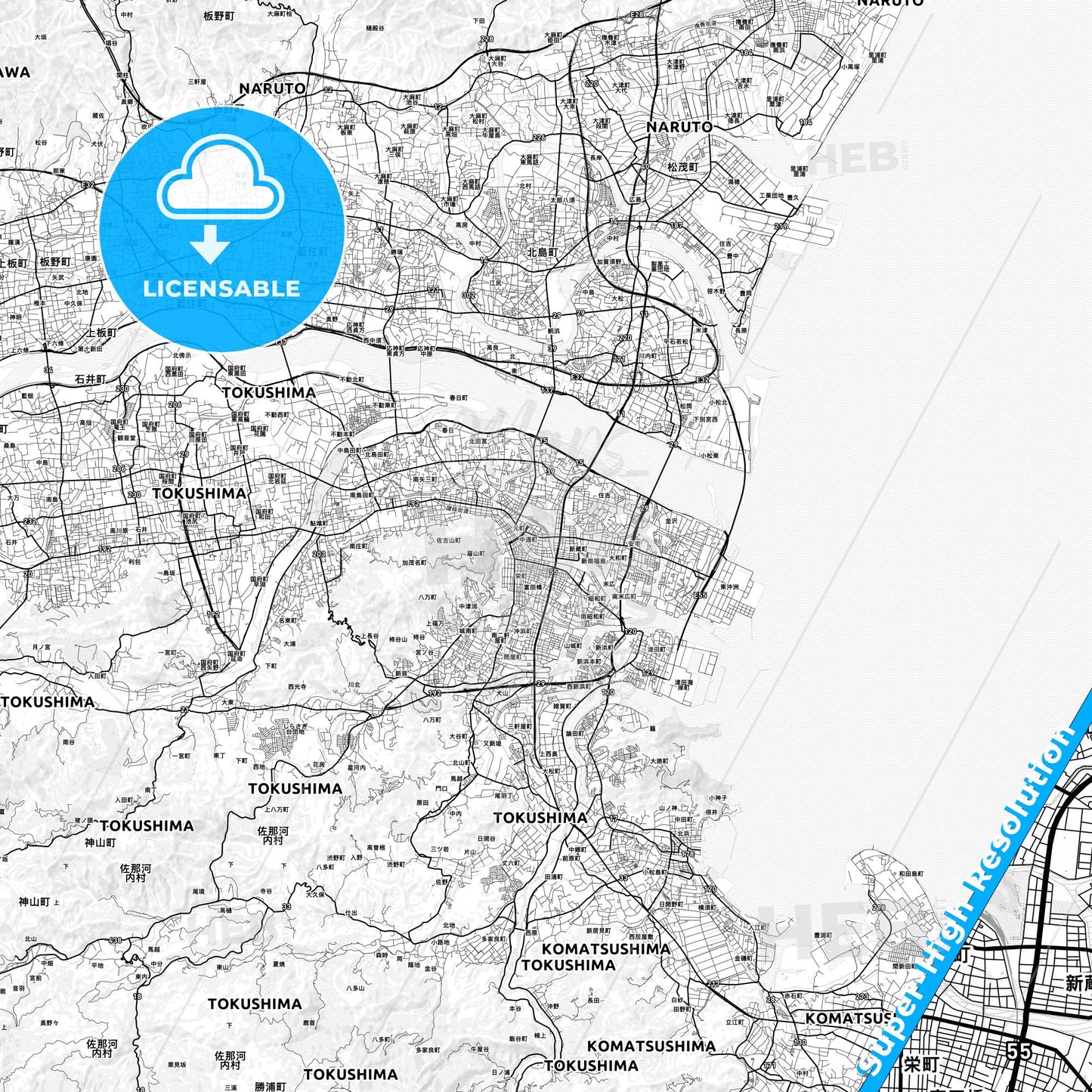 Tokushima, Japan light map with streetnames, citynames and districts