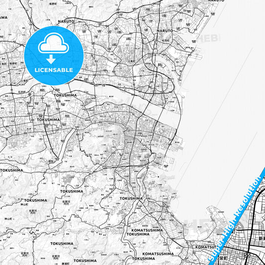 Tokushima, Japan light map with streetnames, citynames and districts
