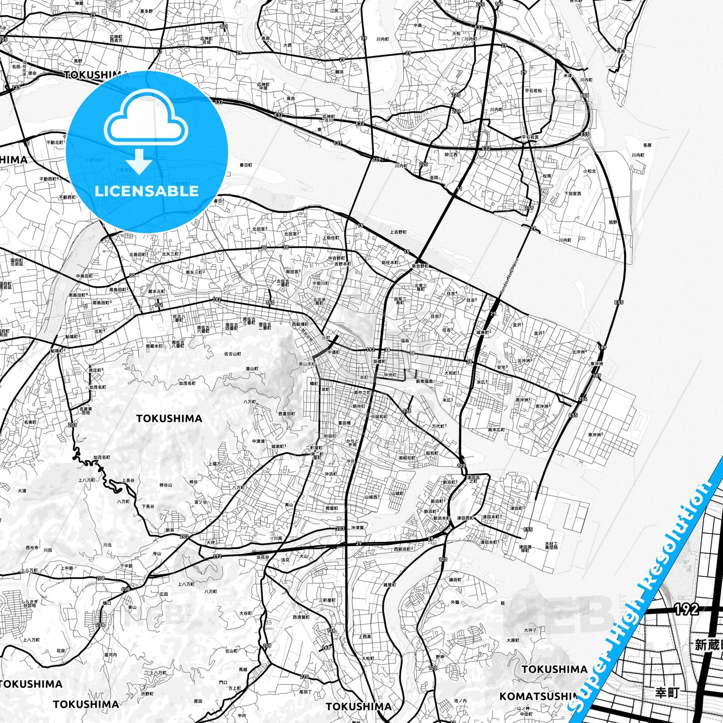 Tokushima, Japan Light Map with Street Names, City Names, and Districts