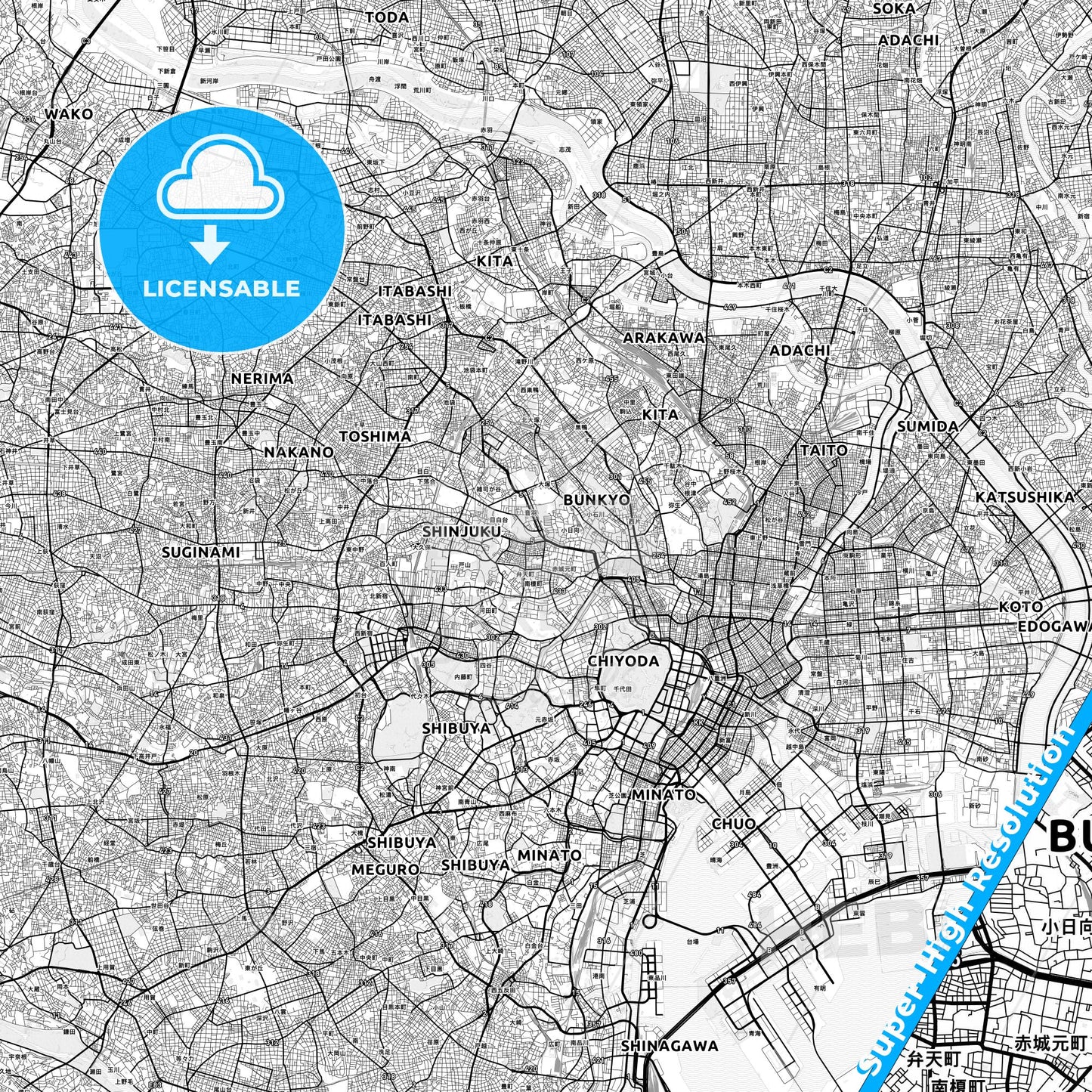 Tokyo, Japan light map with streetnames, citynames and districts