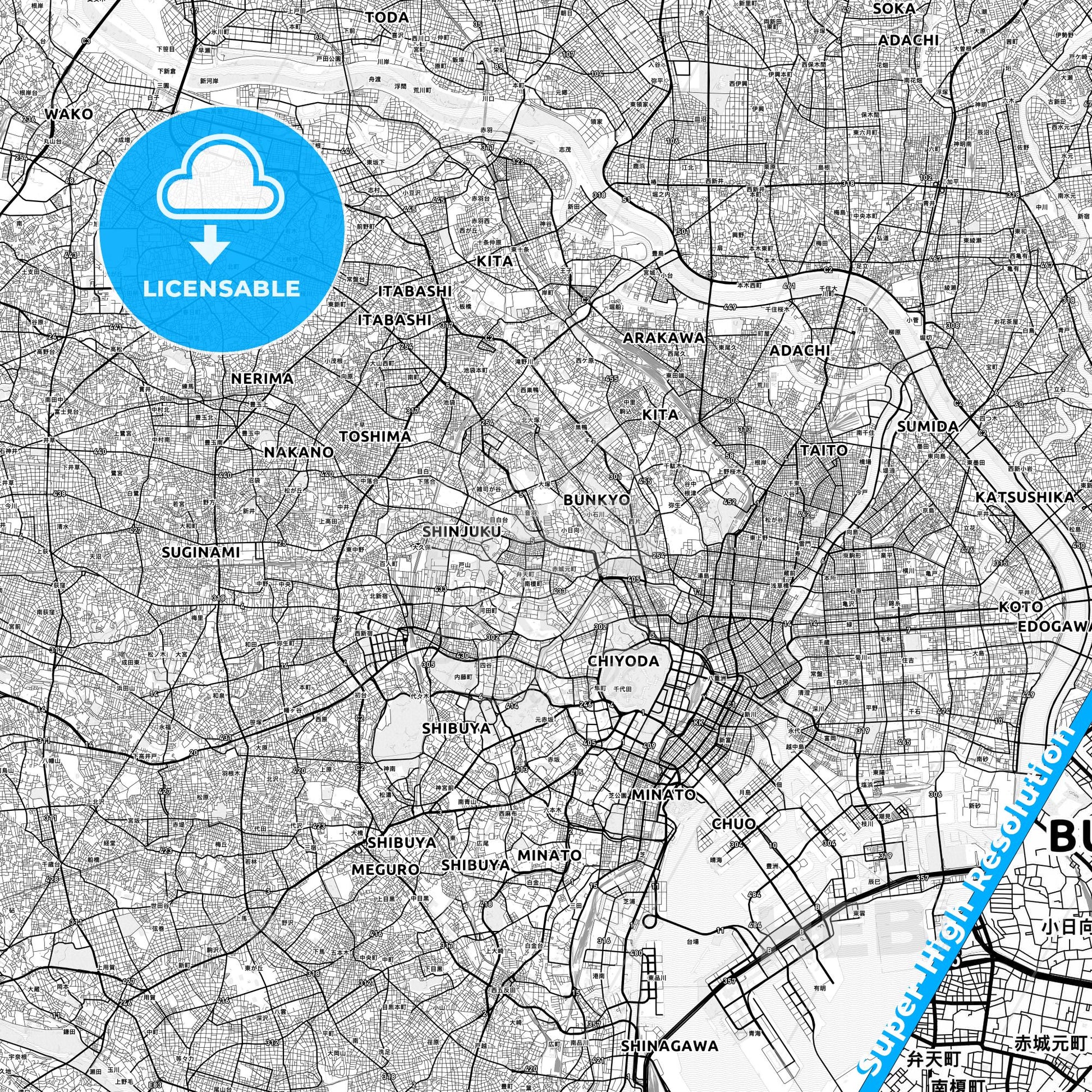 Tokyo, Japan light map with streetnames, citynames and districts