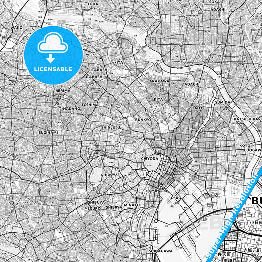 Tokyo, Japan light map with streetnames, citynames and districts