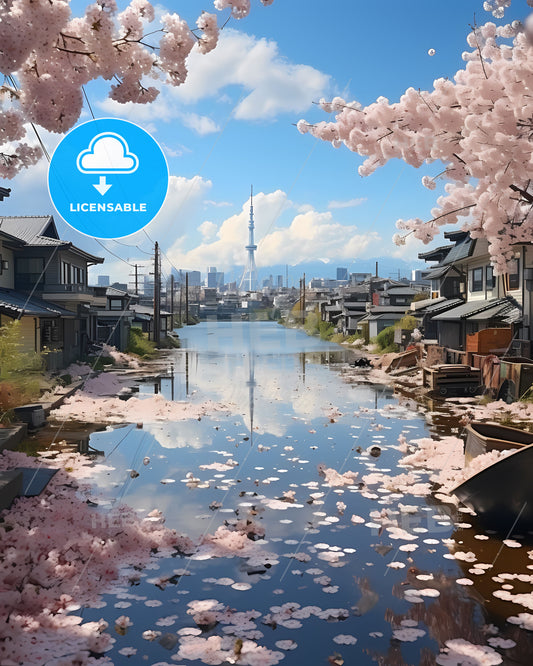 Vibrant Cityscape Painting: Tokyo Skyline with Pink Blossoms River Reflections