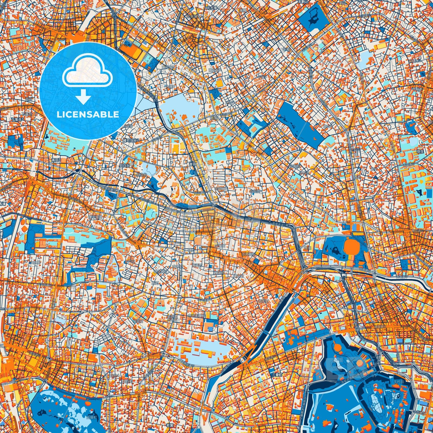Colorful Tokyo Street Map with Labels and Buildings