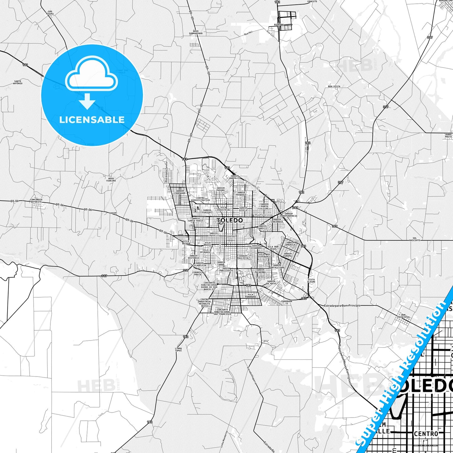 Toledo, Brazil light map with streetnames, citynames and districts
