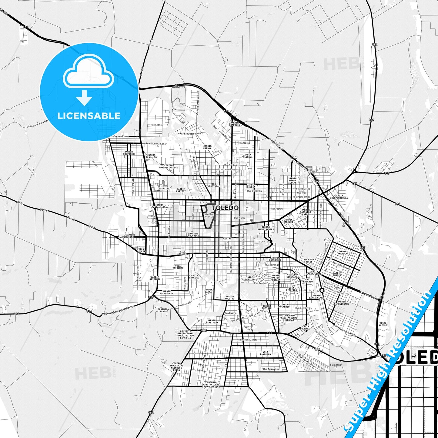 Toledo, Brazil Light Map with Street Names, City Names, and Districts