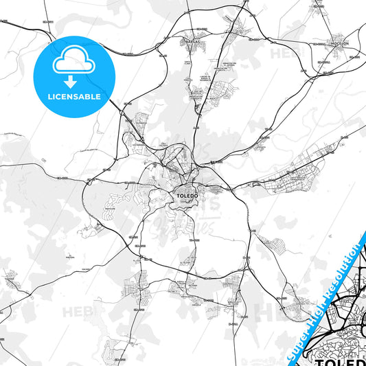 Toledo, Spain light map with streetnames, citynames and districts