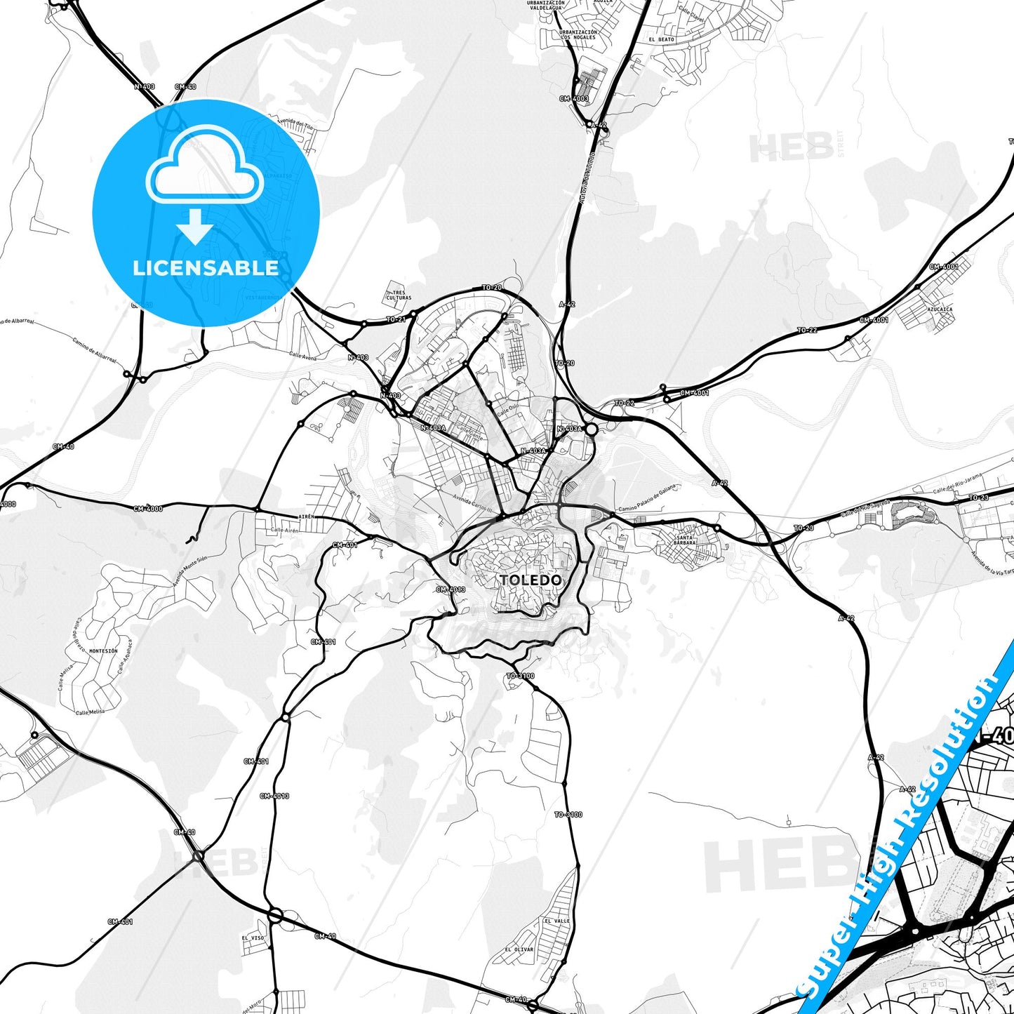 Toledo, Spain Light Map with Street Names, City Names, and Districts