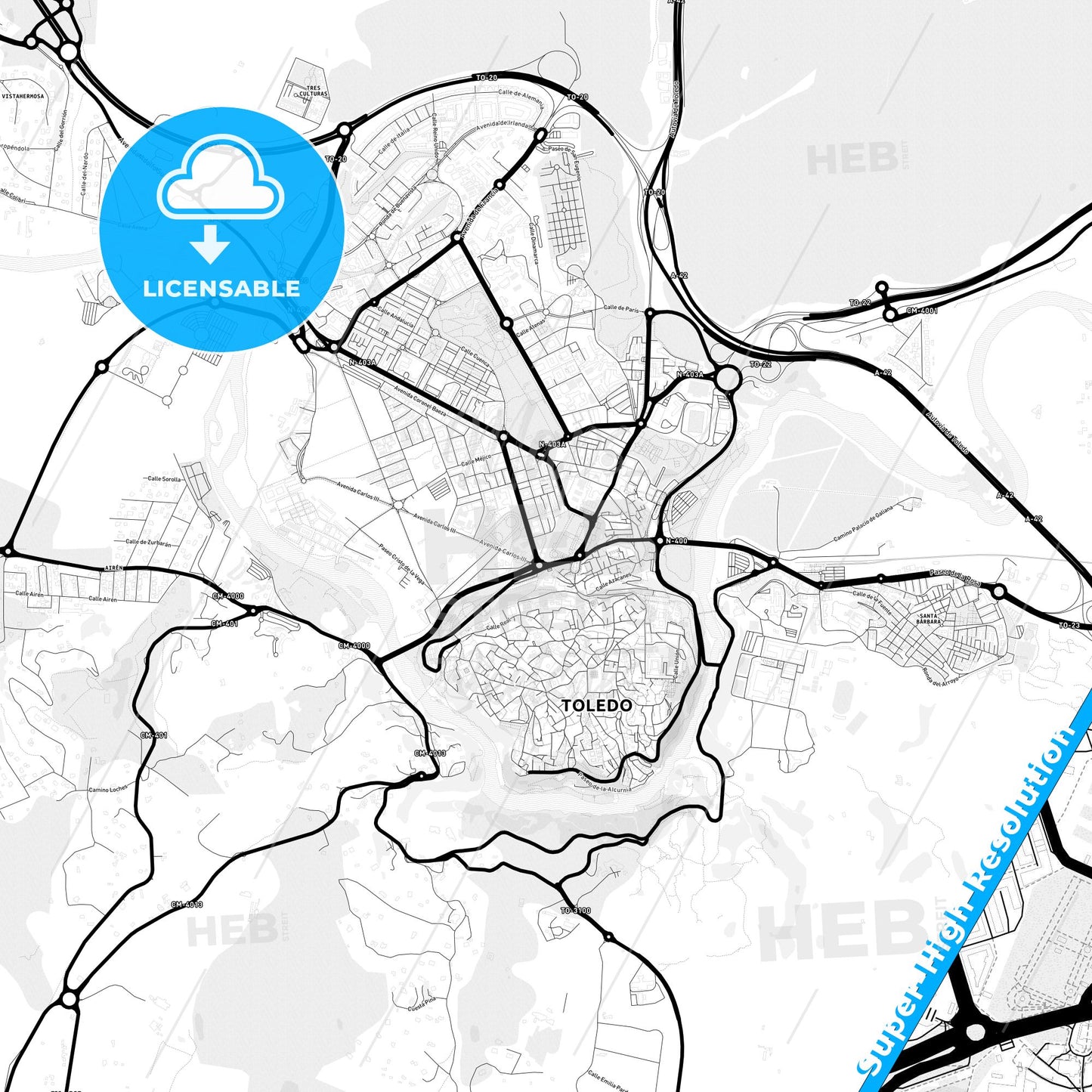 Toledo, Spain Light Map with Street Names, City Names, and Districts