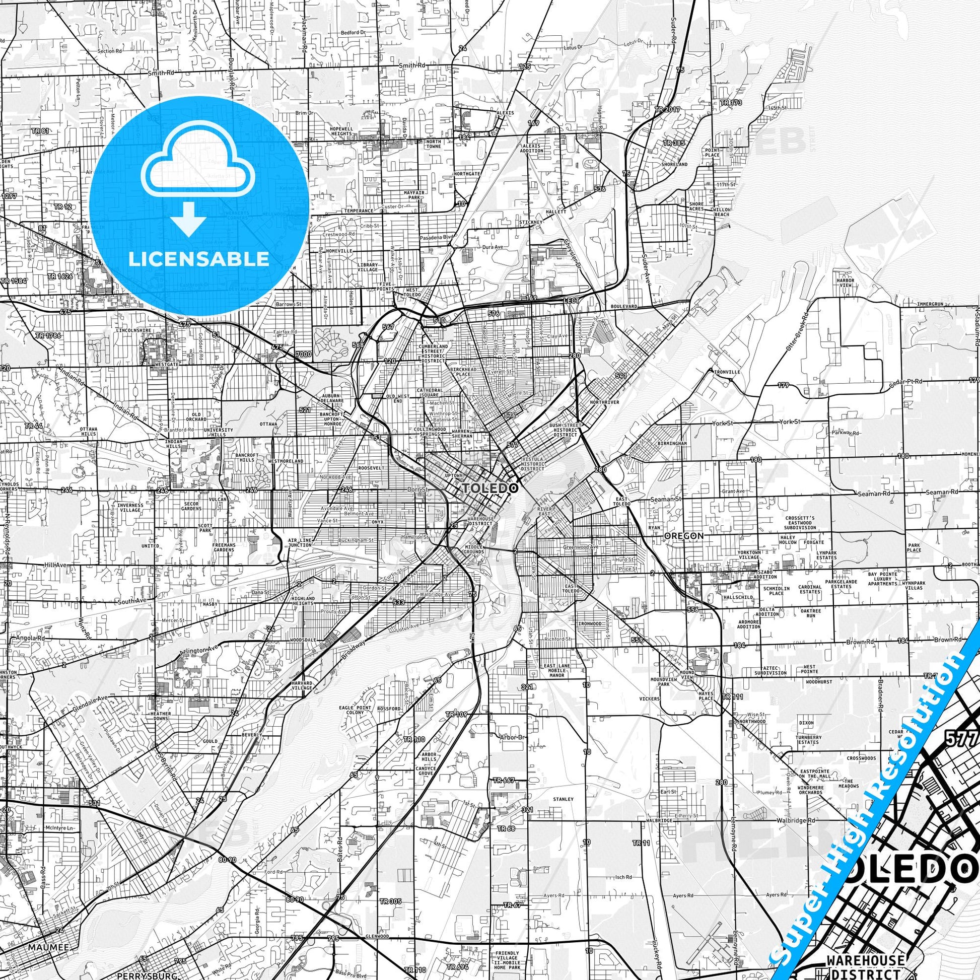 Toledo, Ohio light map with streetnames, citynames and districts