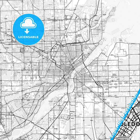 Toledo, Ohio light map with streetnames, citynames and districts