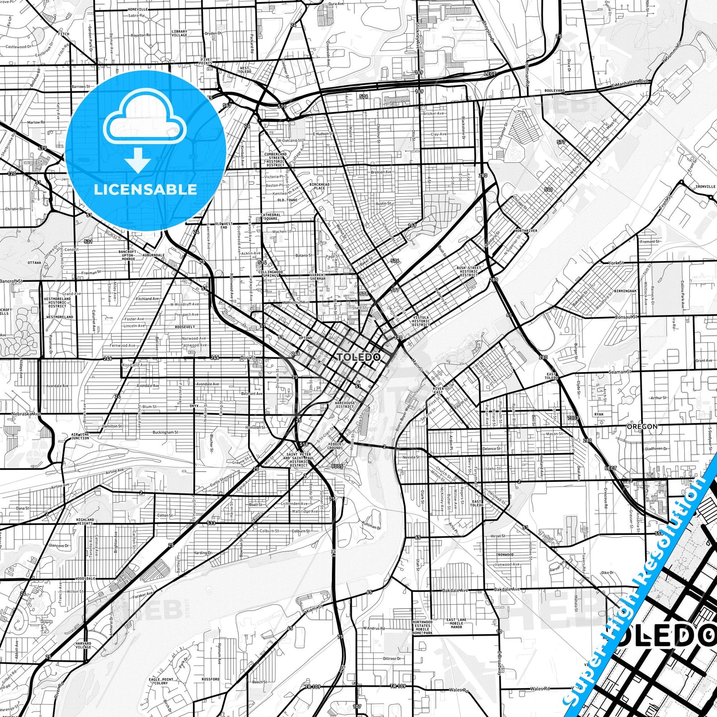 Toledo, Ohio Light Map with Street Names, City Names, and Districts