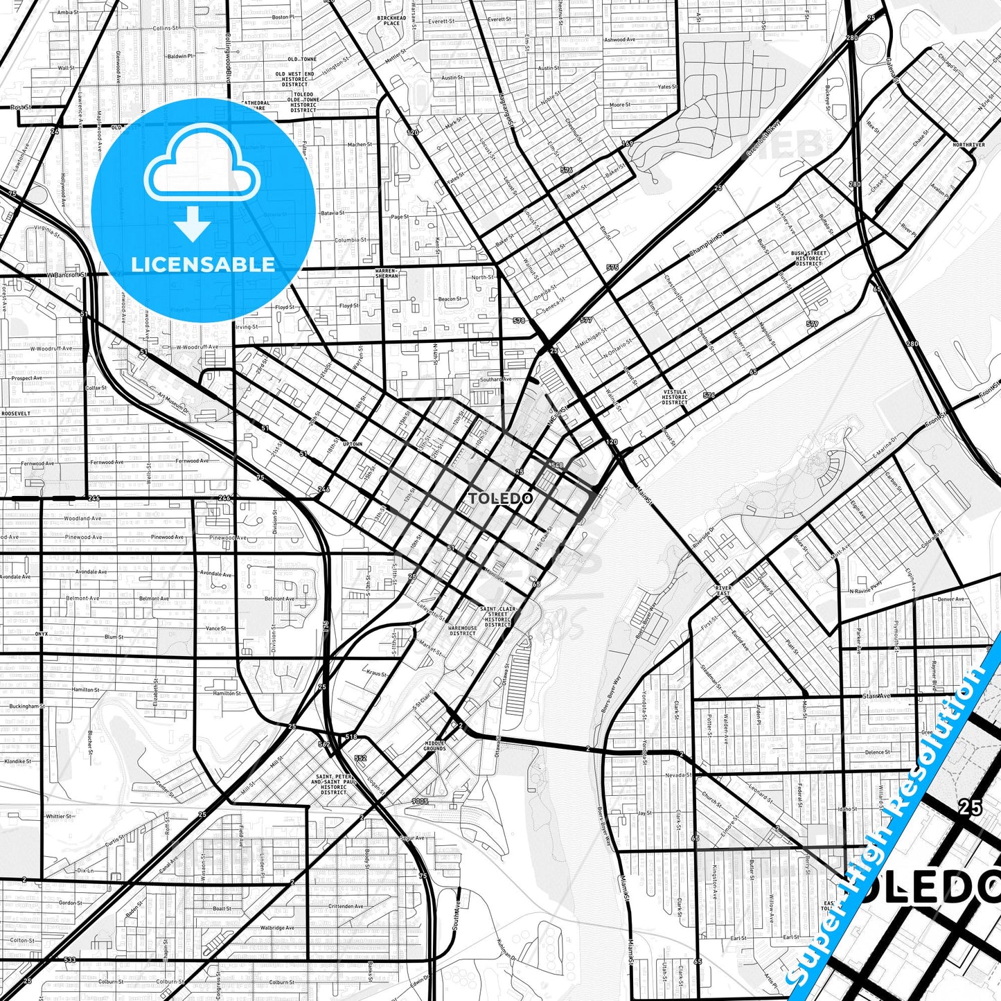 Toledo, Ohio Light Map with Street Names, City Names, and Districts