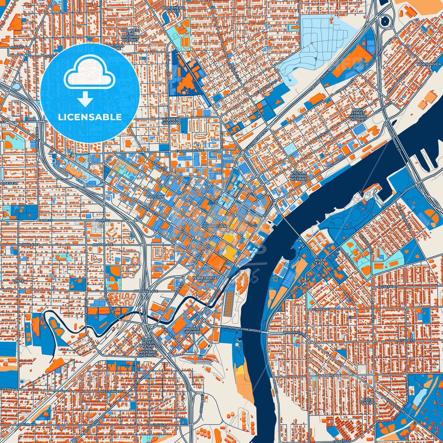 Colorful Toledo Street Map with Labels and Buildings