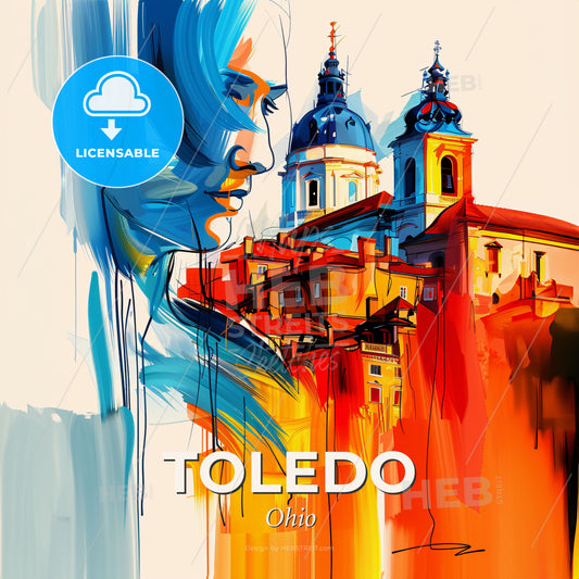 Vibrant Toledo, Ohio - A Painting Of A Woman's Face And Buildings - Square format print template