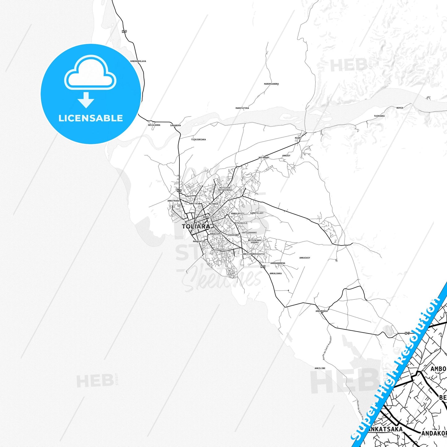 Toliara, Madagascar light map with streetnames, citynames and districts