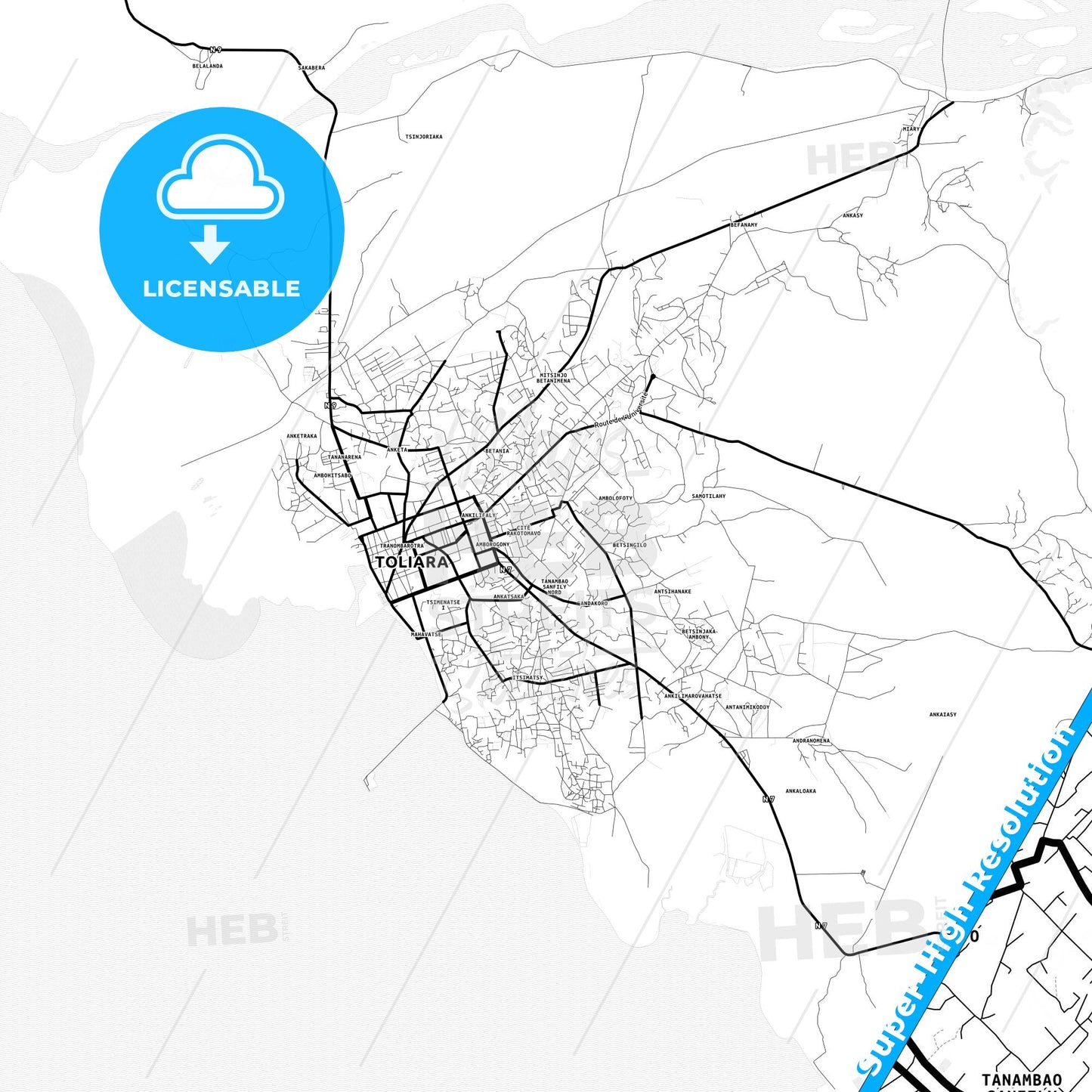 Toliara, Madagascar Light Map with Street Names, City Names, and Districts