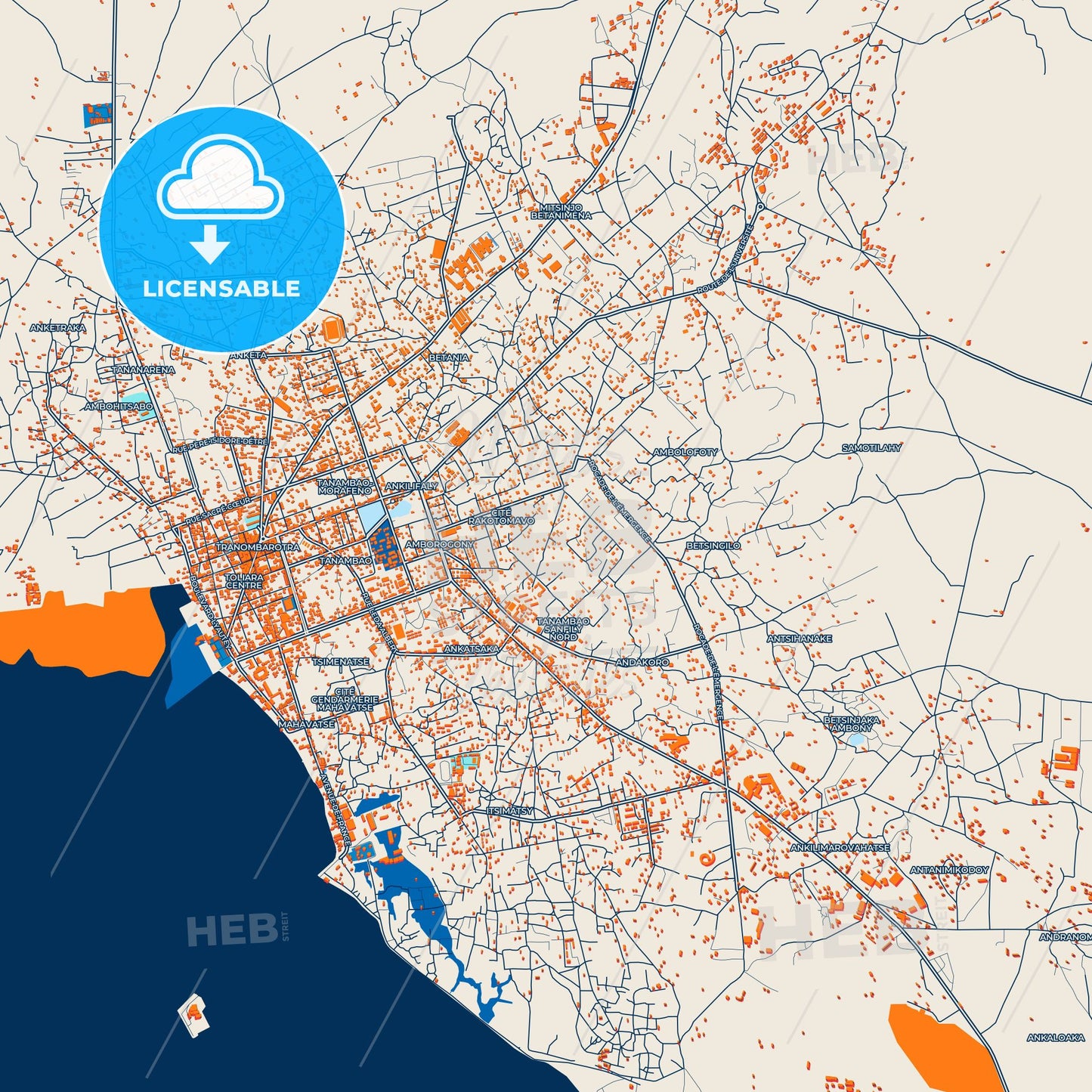 Colorful Toliara Street Map with Labels and Buildings