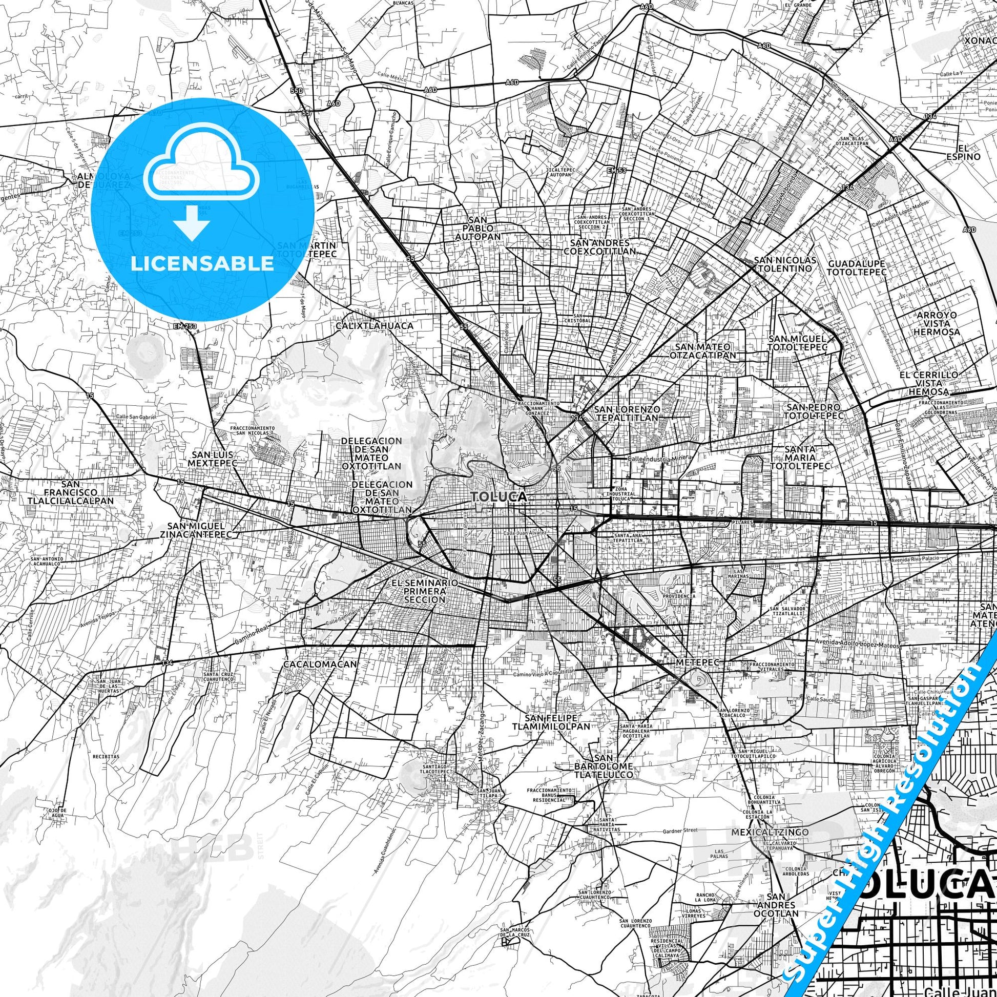 Toluca, Mexico light map with streetnames, citynames and districts