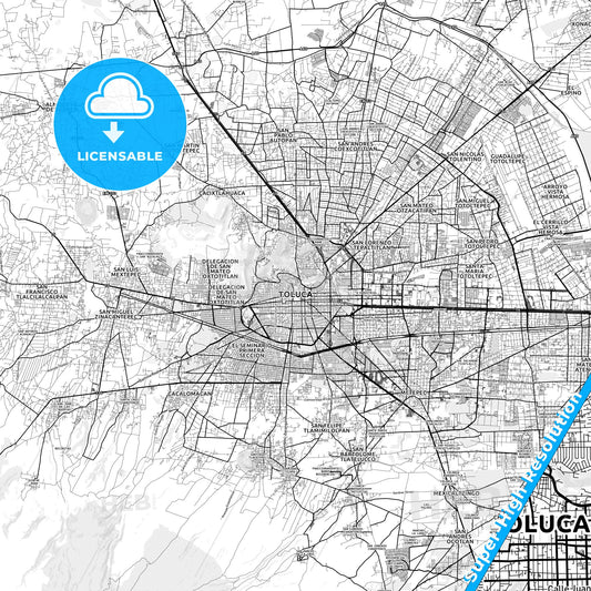 Toluca, Mexico light map with streetnames, citynames and districts