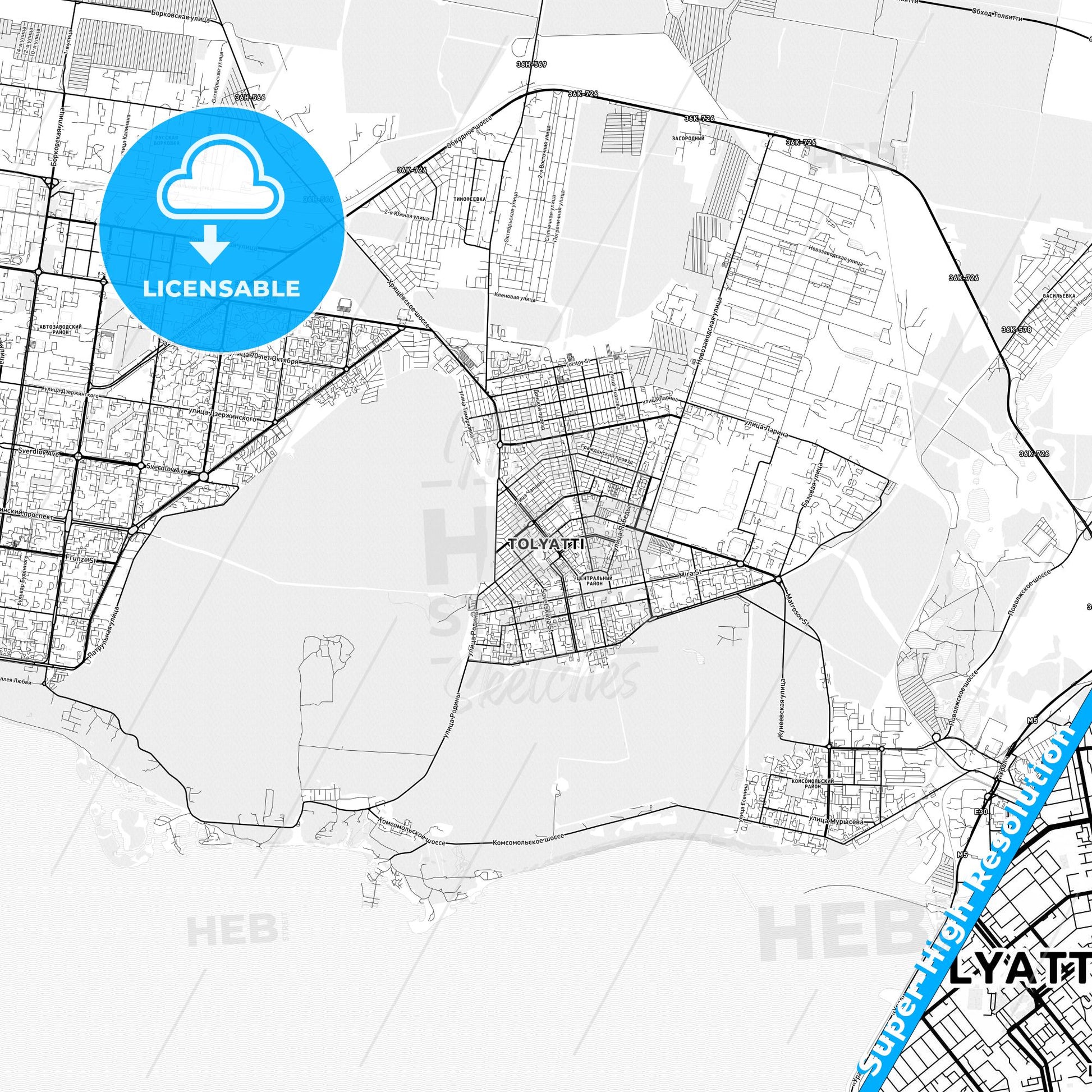 Tolyatti, Russia light map with streetnames, citynames and districts