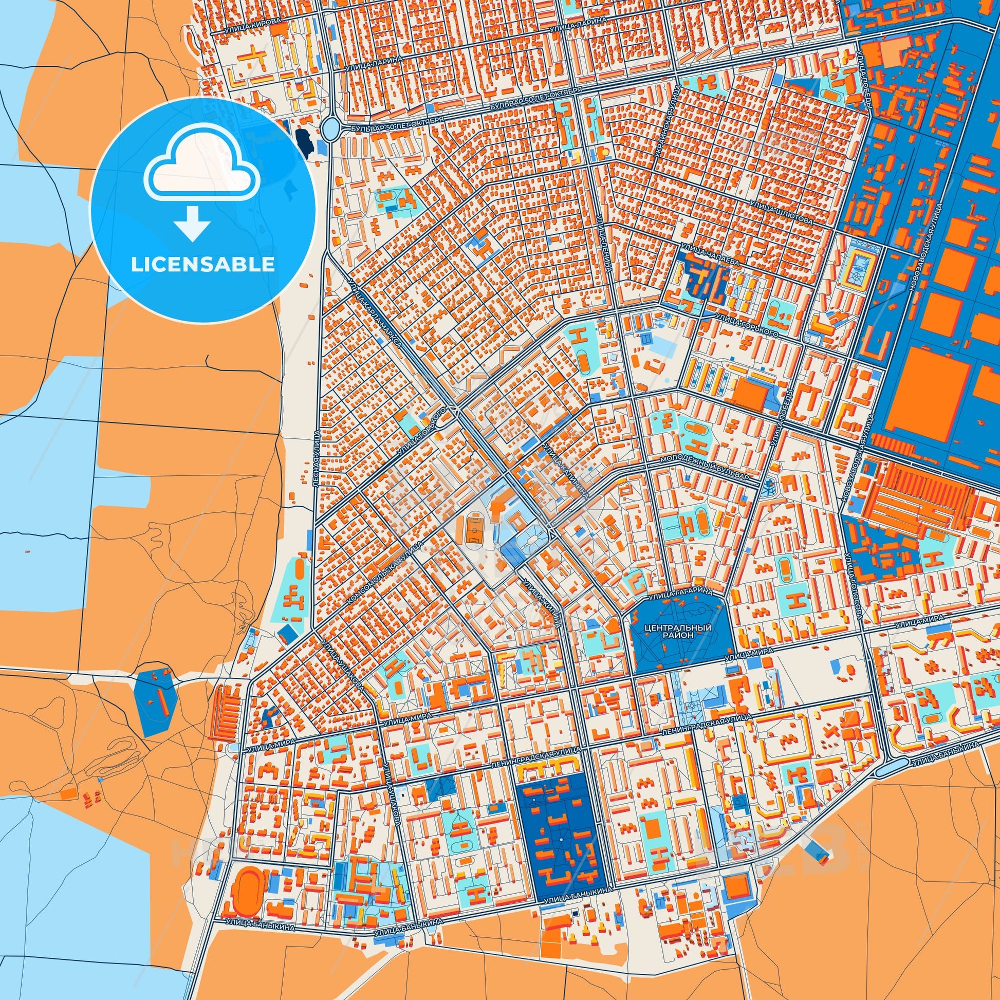 Colorful Tolyatti Street Map with Labels and Buildings