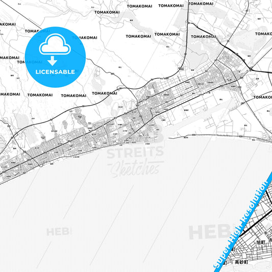 Tomakomai, Japan light map with streetnames, citynames and districts