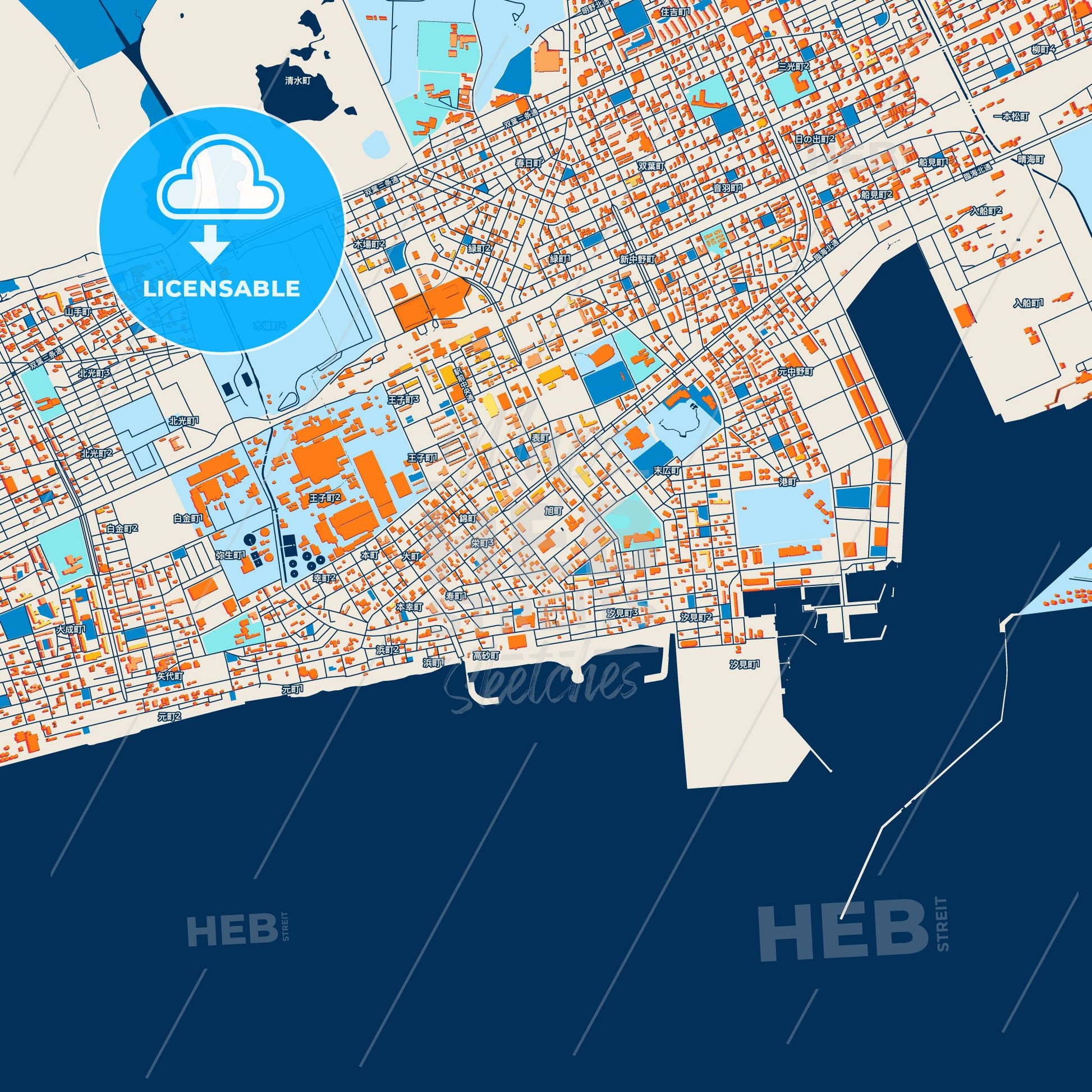 Colorful Tomakomai Street Map with Labels and Buildings