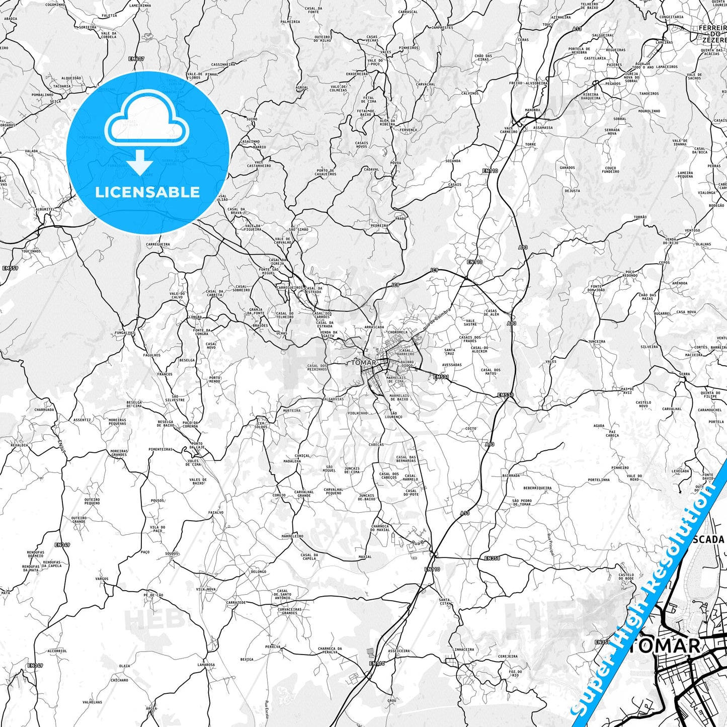 Tomar, Portugal light map with streetnames, citynames and districts