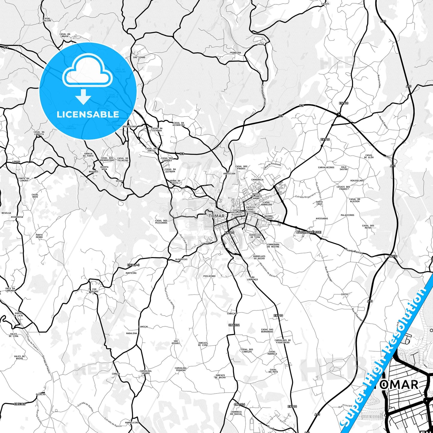 Tomar, Portugal Light Map with Street Names, City Names, and Districts