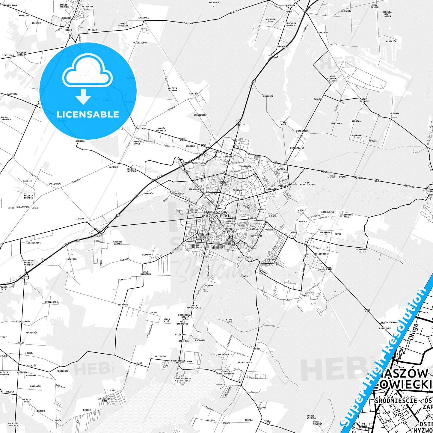 Tomaszów Mazowiecki, Poland light map with streetnames, citynames and districts