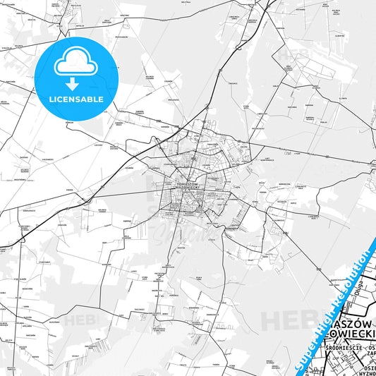Tomaszów Mazowiecki, Poland light map with streetnames, citynames and districts