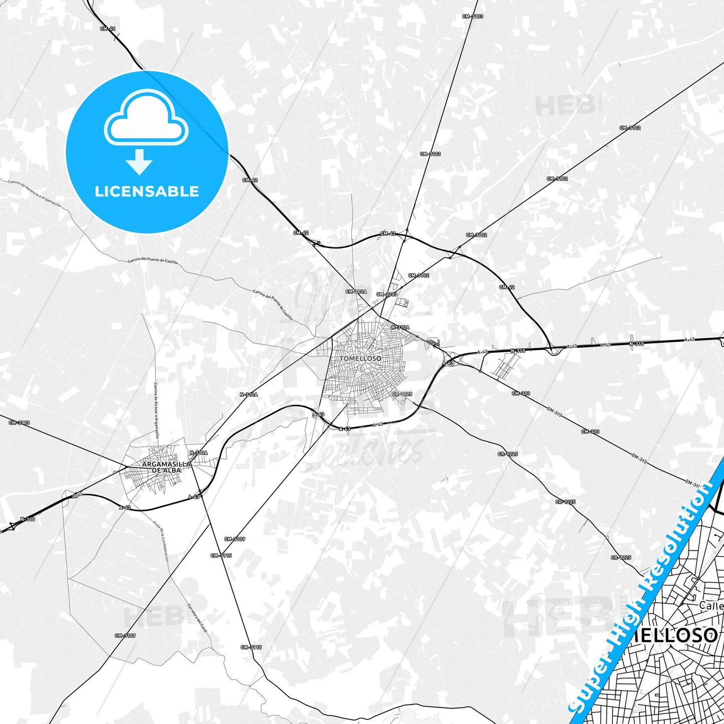 Tomelloso, Spain light map with streetnames, citynames and districts