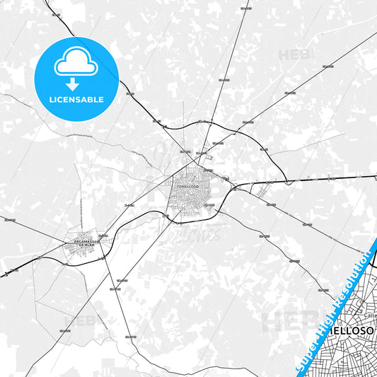Tomelloso, Spain light map with streetnames, citynames and districts