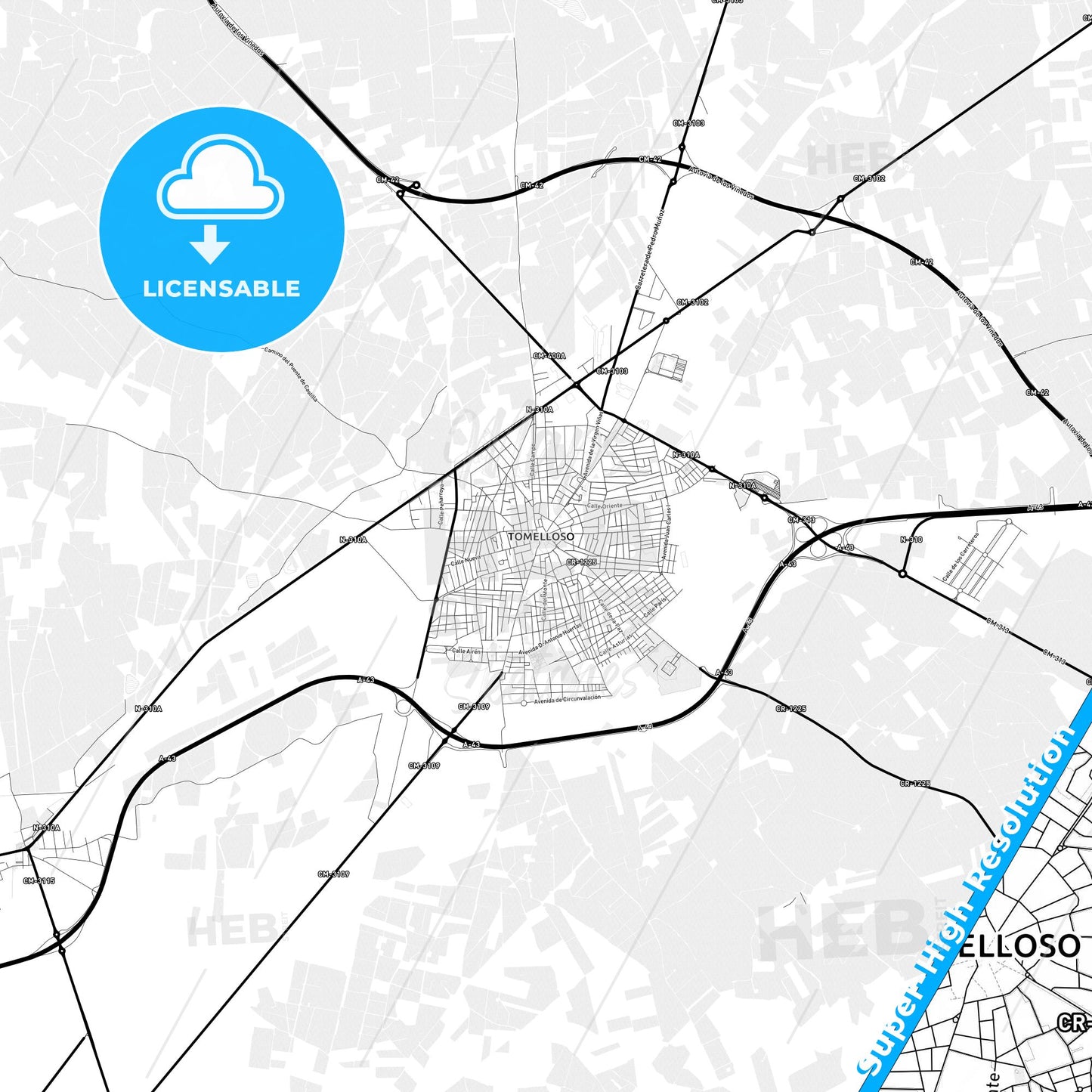 Tomelloso, Spain Light Map with Street Names, City Names, and Districts