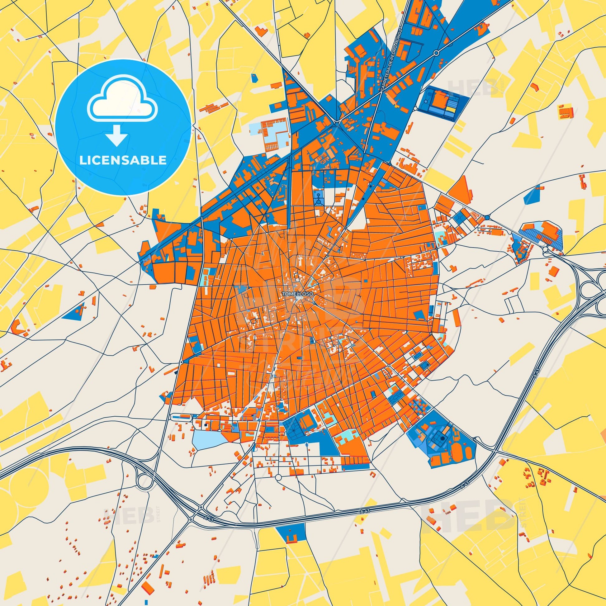 Colorful Tomelloso Street Map with Labels and Buildings