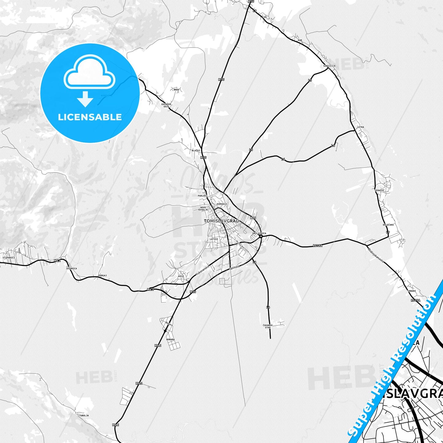 Tomislavgrad, Bosnia and Herzegovina Light Map with Street Names, City Names, and Districts