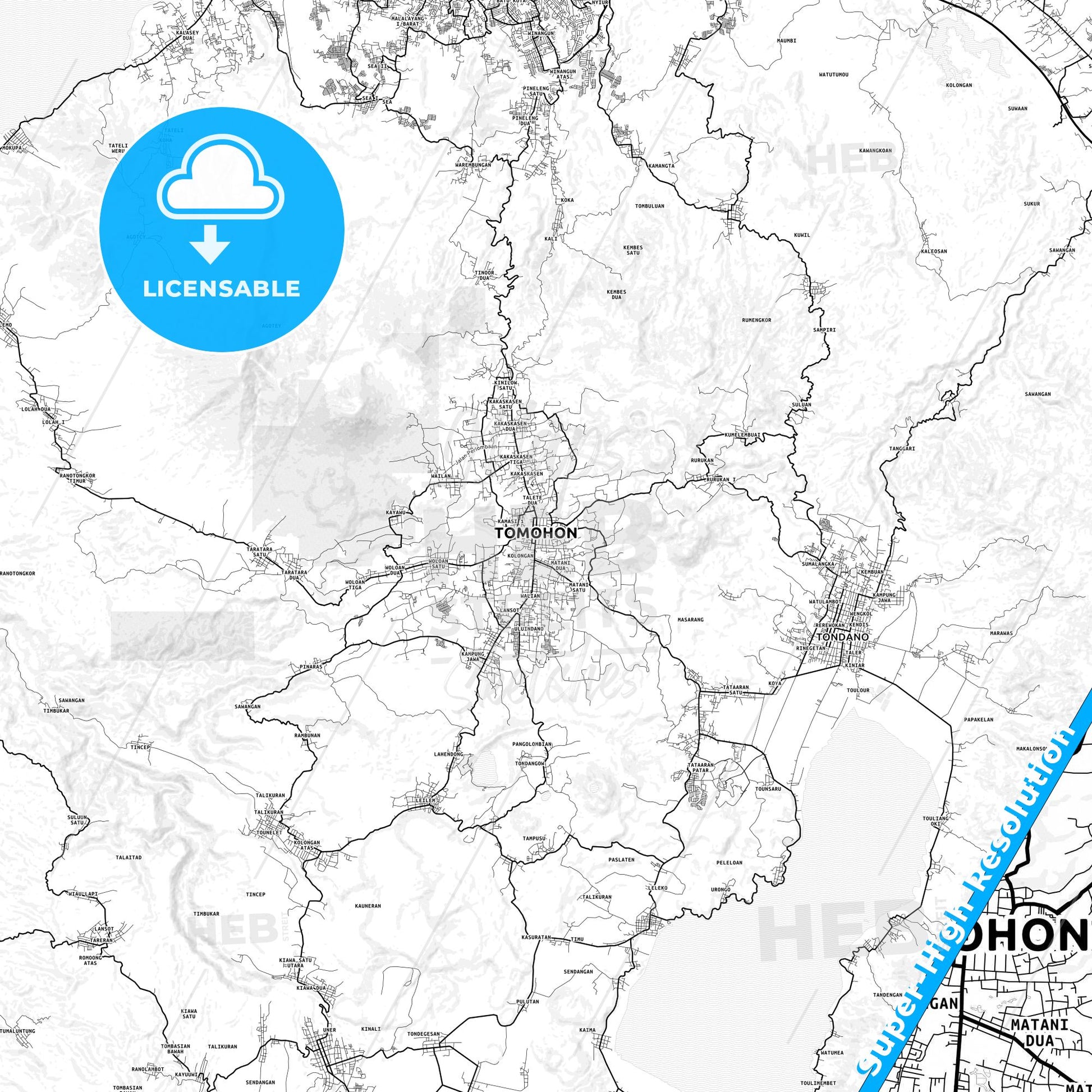 Tomohon, Indonesia light map with streetnames, citynames and districts