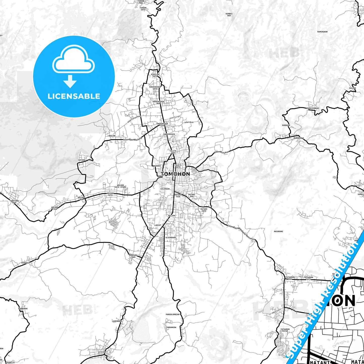 Tomohon, Indonesia Light Map with Street Names, City Names, and Districts