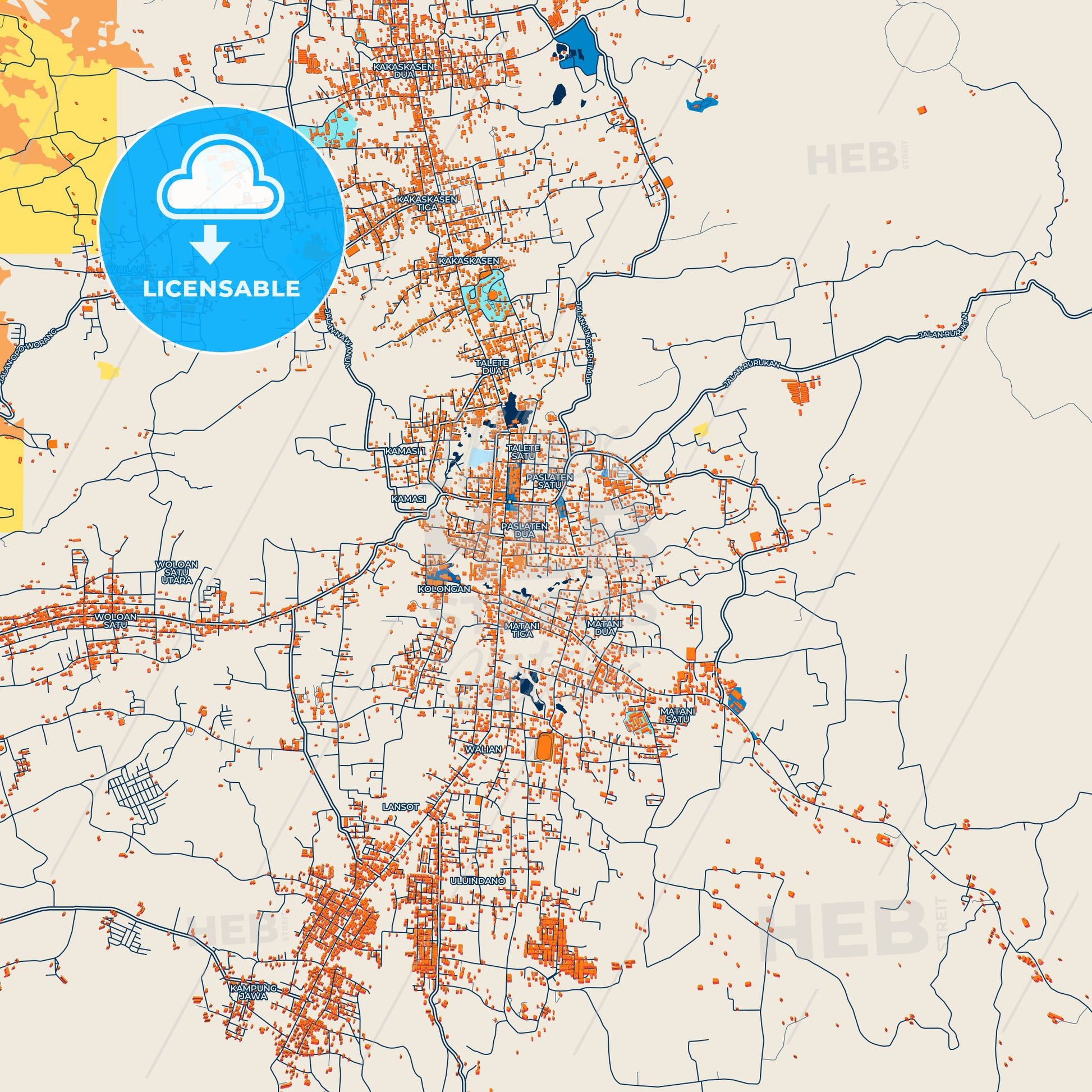 Colorful Tomohon Street Map with Labels and Buildings
